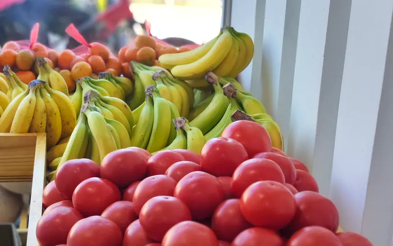 Racimos de plátano verde y maduro sobre un cajón de tomates