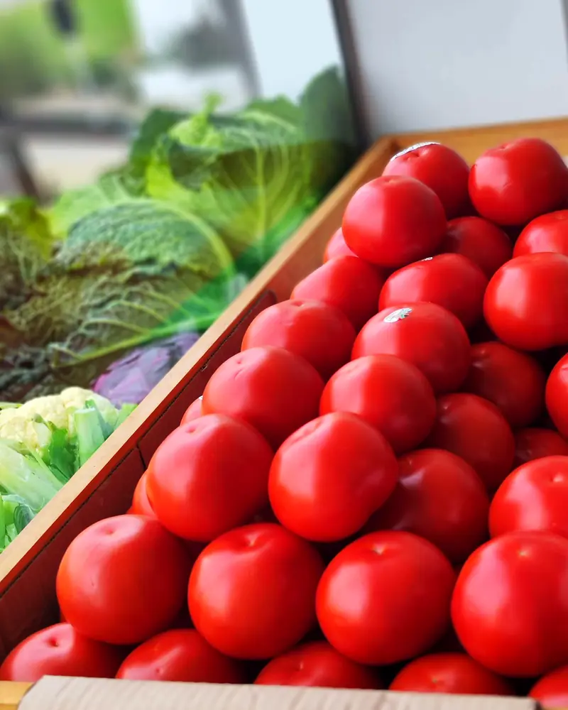 Cajón de tomates rojos con repollos y coliflor al fondo