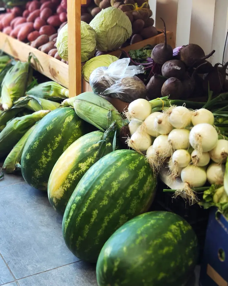 Sandías, choclos, cebollas y repollo en el piso del local