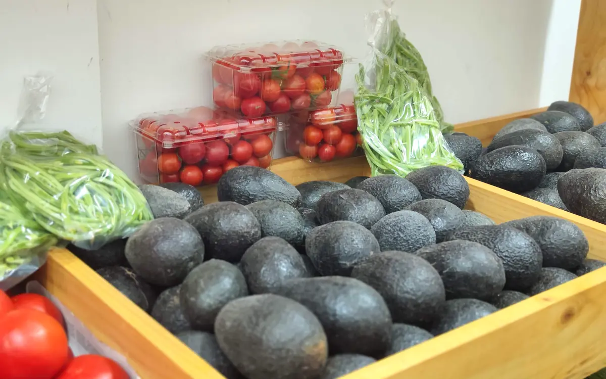 Cajones de palta Hass recién puestos en el mesón de Hasspal, con tomates cherry y porotos verdes detrás
