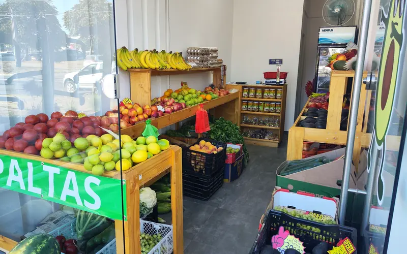 Interior del local de Hasspal con estantes de fruta, el letrero PALTAS y el logo de la palta en la puerta